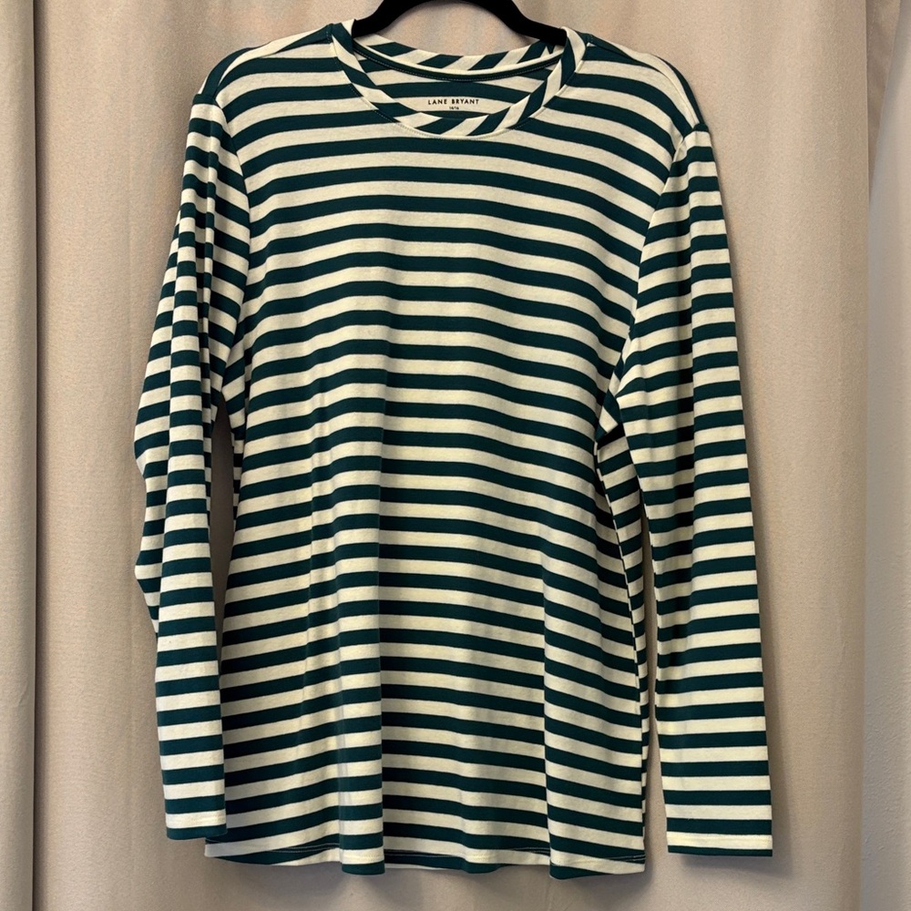 Lane Bryant Green/Cream Striped Long Sleeve Top